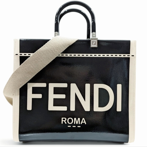 💎Authentic Fendi Sunshine shopper Tote patent with canvas Medium Black/Neutral - Picture 1 of 16